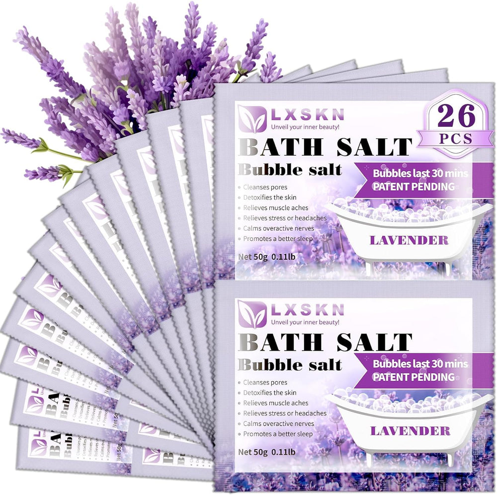 LXSKN bath salts 26-pack packaging with individually wrapped sachets for clean, convenient baths.