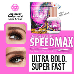 Lyon Lash SPEEDMAX glue close-up shows fast-drying time and film clarity.