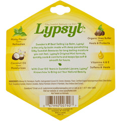 Lypsyl Intense Protection Original Mint ingredients closeup shows beeswax and shea butter.