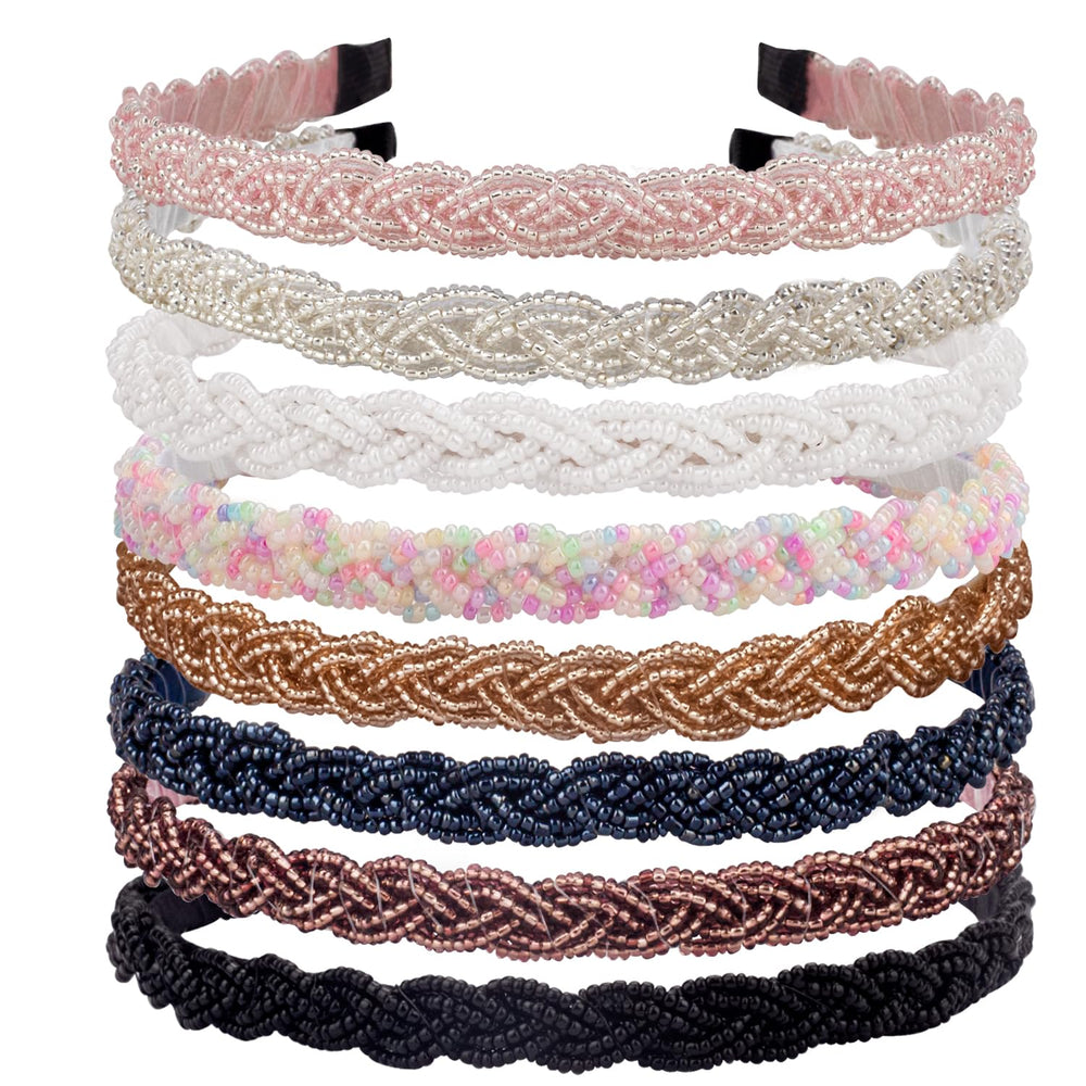 LYroo 8-pack gold beaded headband with lace edge for secure all-day wear.