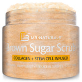 M3 Naturals packaging highlights premium brown sugar scrub for spa-like skin.