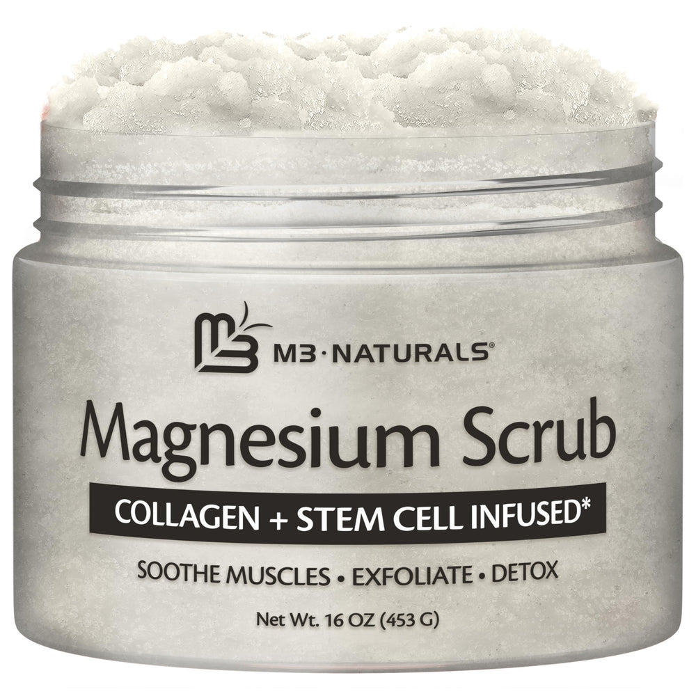 M3 Naturals magnesium body scrub jar shows exfoliating texture for smoother skin