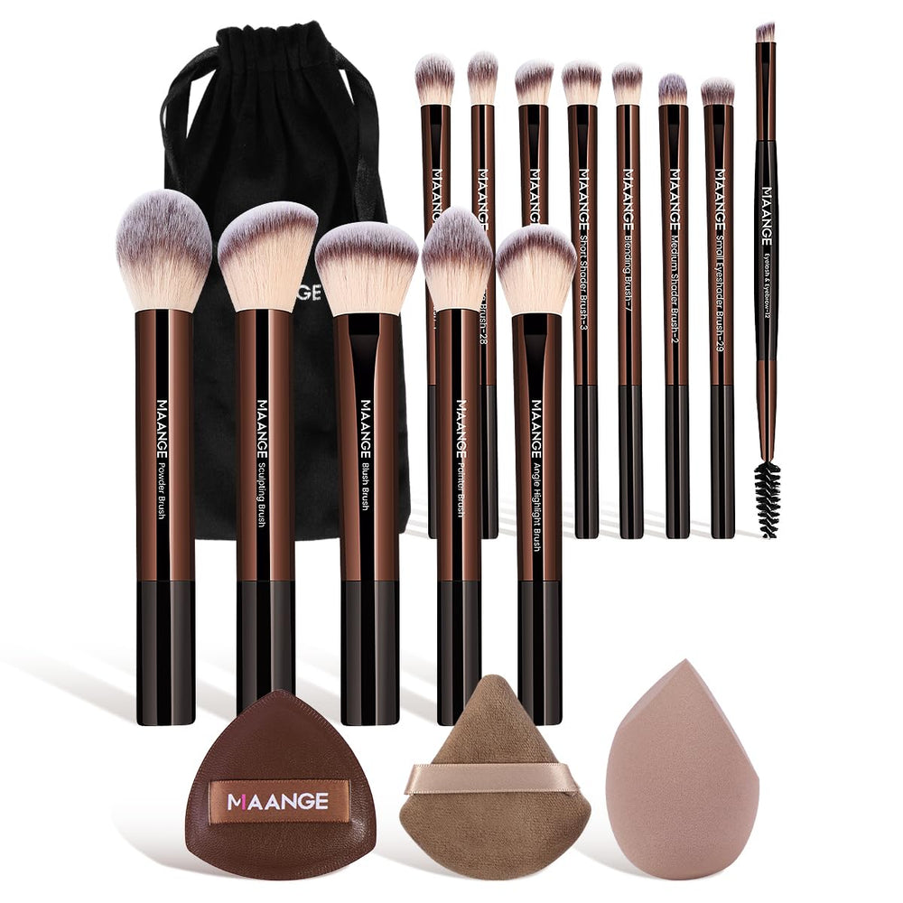 MAANGE 16pcs makeup brush set in travel case (coffee) for versatile on-the-go makeup.