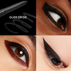 MAC Colour Excess Gel Pencil Eye Liner Glide Or Die application image emphasizing carbon-black shade.