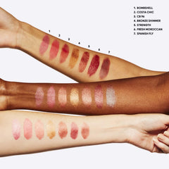MAC Frost Lipstick Bronze Shimmer worn on lips for glossy, comfortable coverage with shine.