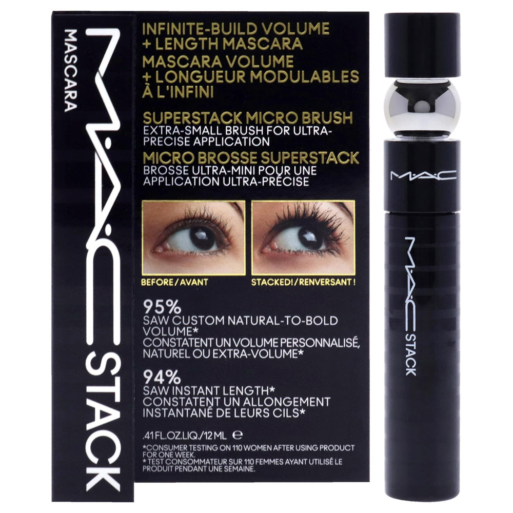 MAC MAC Stack mascara bottle front, sleek packaging suggesting buildable volume.