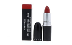 MAC Ruby Woo cap close-up showing bold matte red shade.