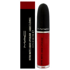 MAC Retro Matte Lipcolor 134 Ruby Phew application swatch showing vivid color and mousse texture.