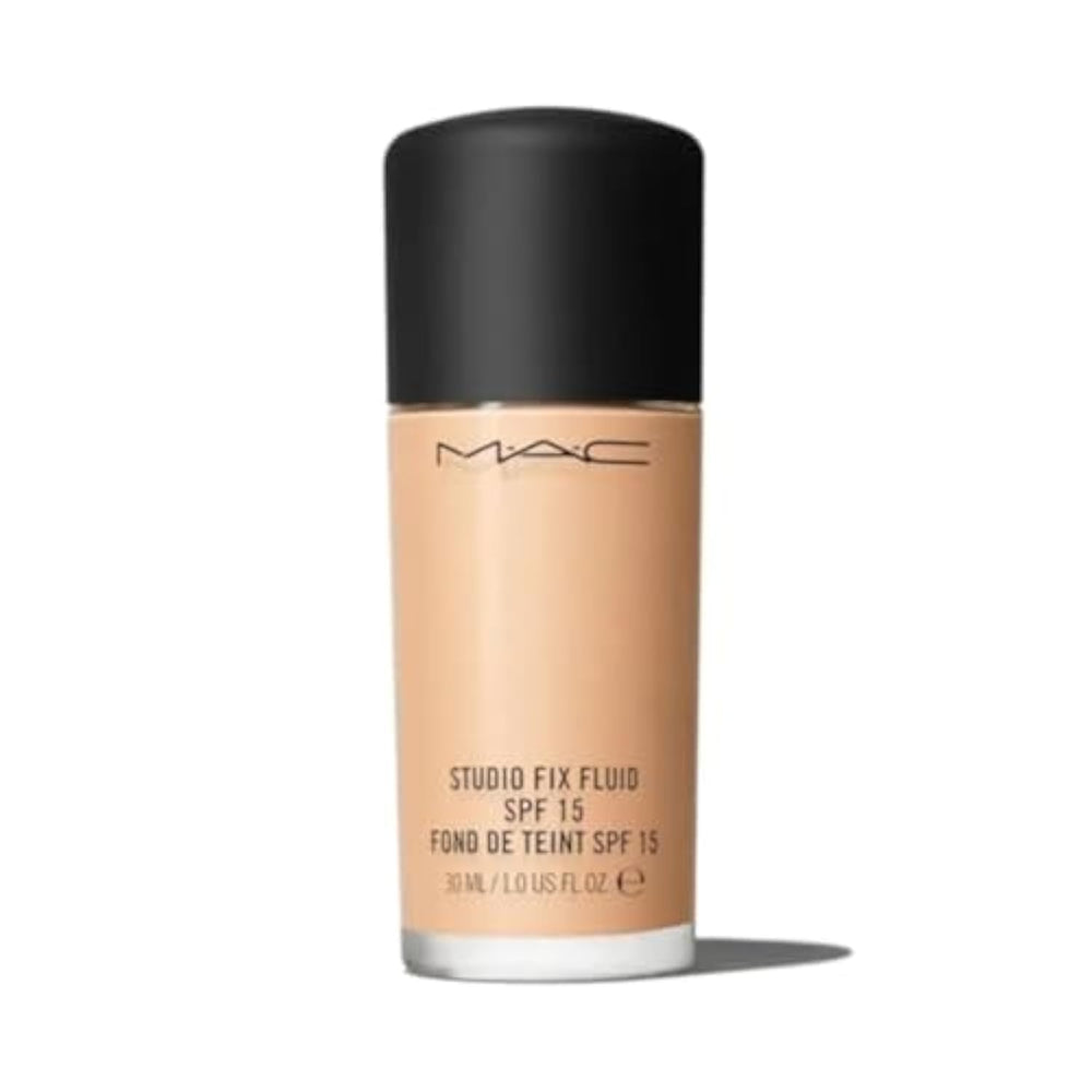 MAC Studio Fix Fluid SPF15 bottle closeup showing matte finish and shade NC25
