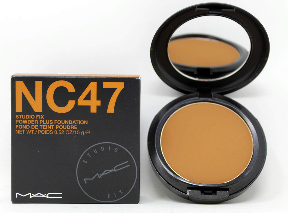 MAC Studio Fix Powder Plus Foundation NC47 compact showing built-in sponge for easy coverage