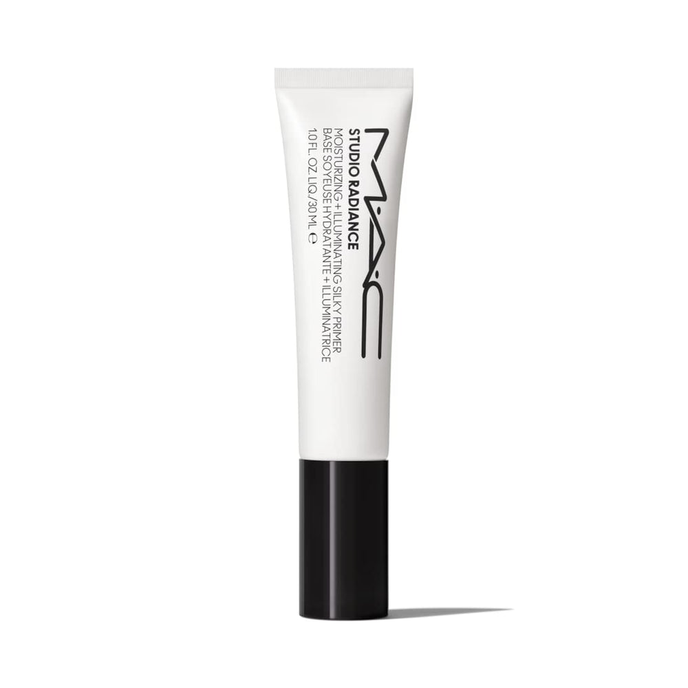 MAC Studio Radiance Moisturizing Illuminating Silky Primer bottle for luminous skin prep.