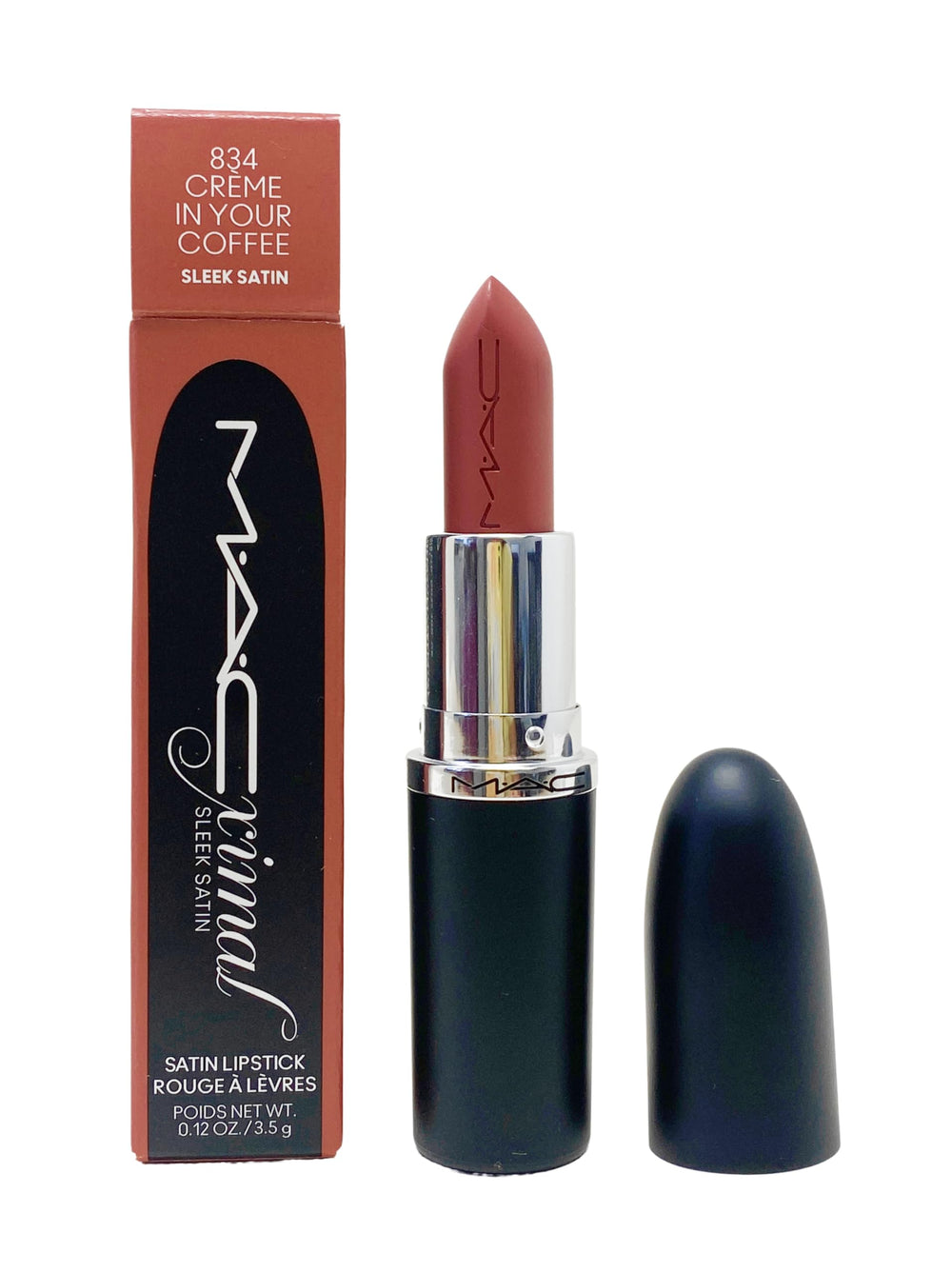 MAC Ximal Sleek Satin Lipstick packshot highlights rich pigment and long-wear hydration.
