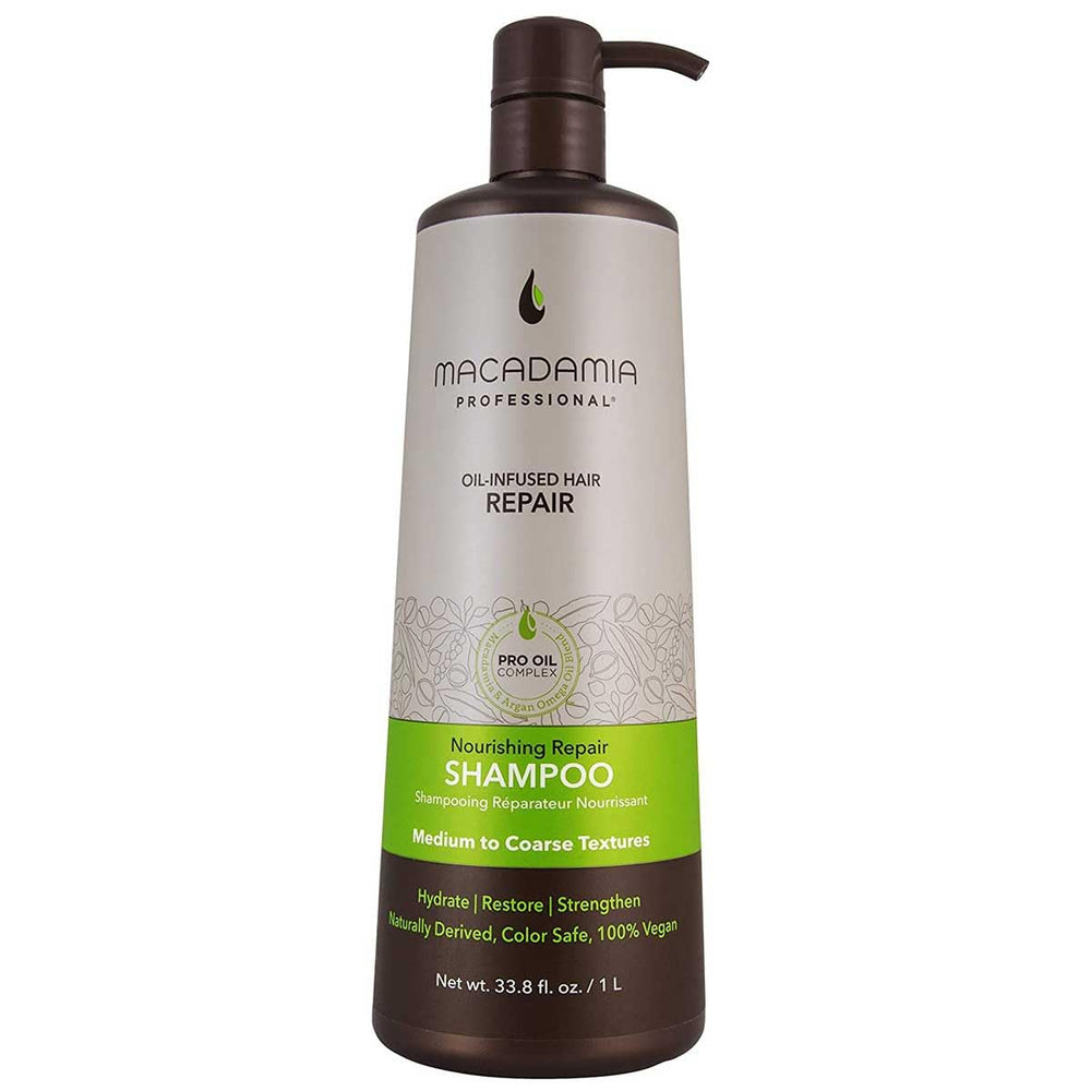 Macadamia Professional Nourishing Repair Shampoo bottle emphasizes rich moisture for coarse hair.