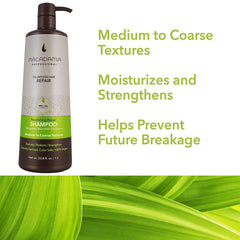 Macadamia Professional Nourishing Repair Shampoo label highlights nourishing ingredients for shine.