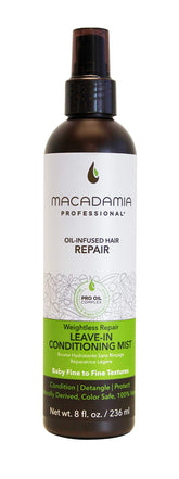 Macadamia Professional pecan leave-in mist bottle offers lightweight hydration for fine hair