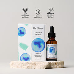 Mad Hippie Antioxidant Facial Oil application demonstrates massage-ready, skin-brightening routine.