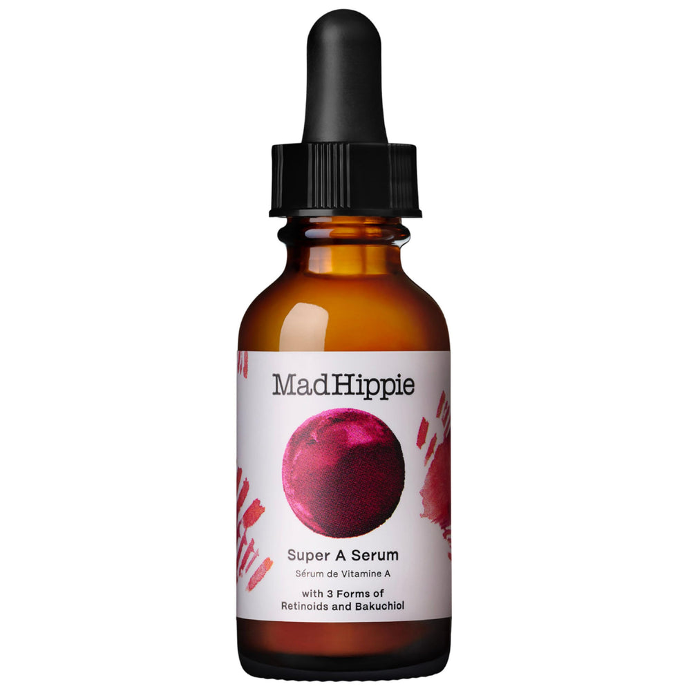Mad Hippie Super A Serum bottle highlights three retinoids for smoother skin