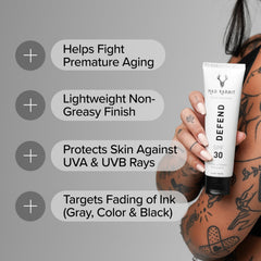 Mad Rabbit Defend Tattoo Sunscreen tube label closeup highlighting SPF 30 and minerals
