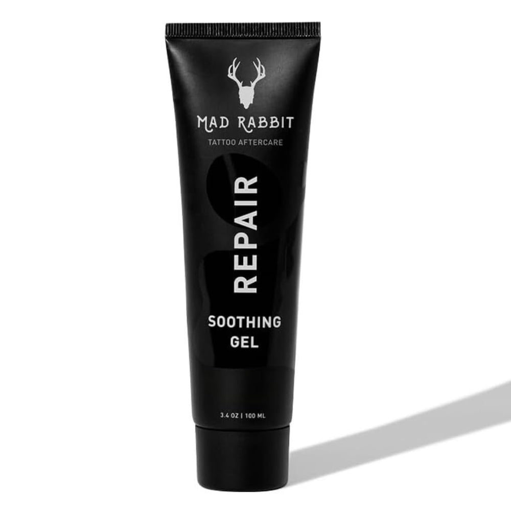 Mad Rabbit Tattoo Aftercare Gel packaging close-up highlighting clean ingredients for new tattoos