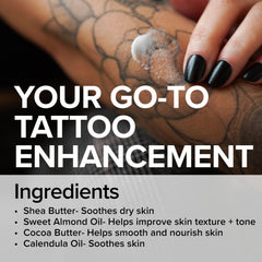 Mad Rabbit Tattoo Balm being applied by hands for hydration and vibrancy
