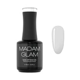 Madam Glam Rubber Base bottle closeup showcases flexible, durable base coat for natural-looking nails.