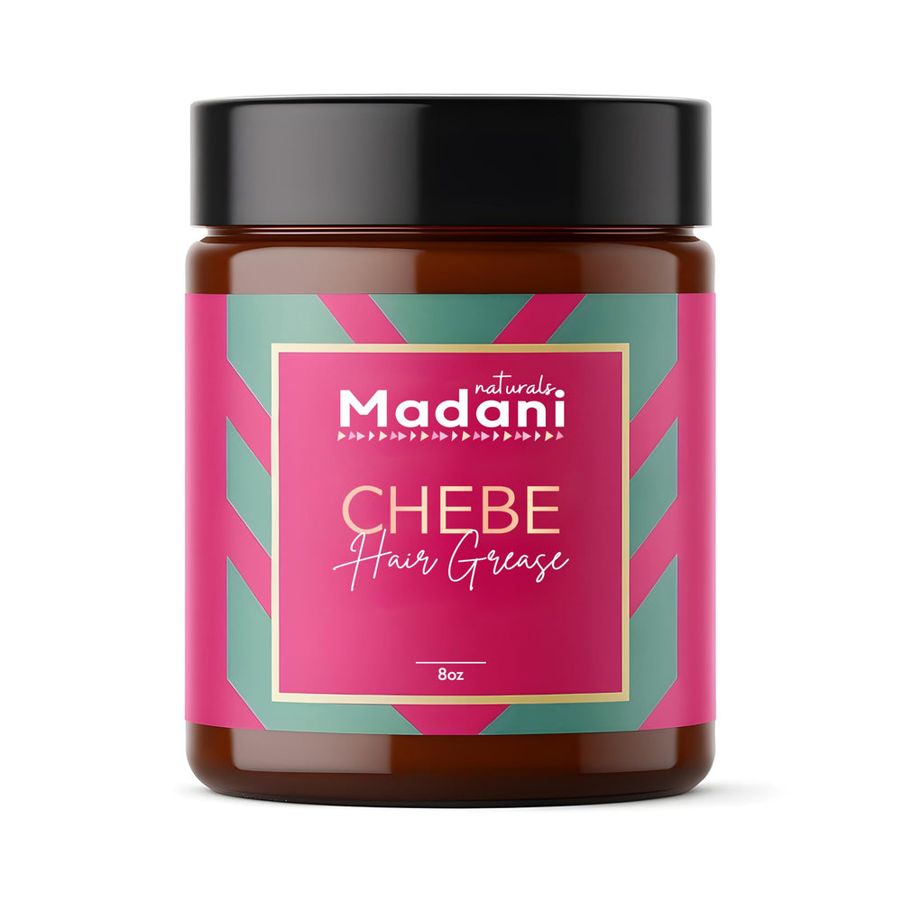 Madani Naturals Chebe Hair Grease jar closeup — creamy texture supports scalp nourishment.