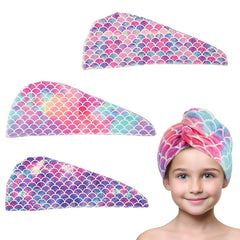 MADHOLLY mermaid-pattern hair towel pack front shows soft three-pack for quick drying.