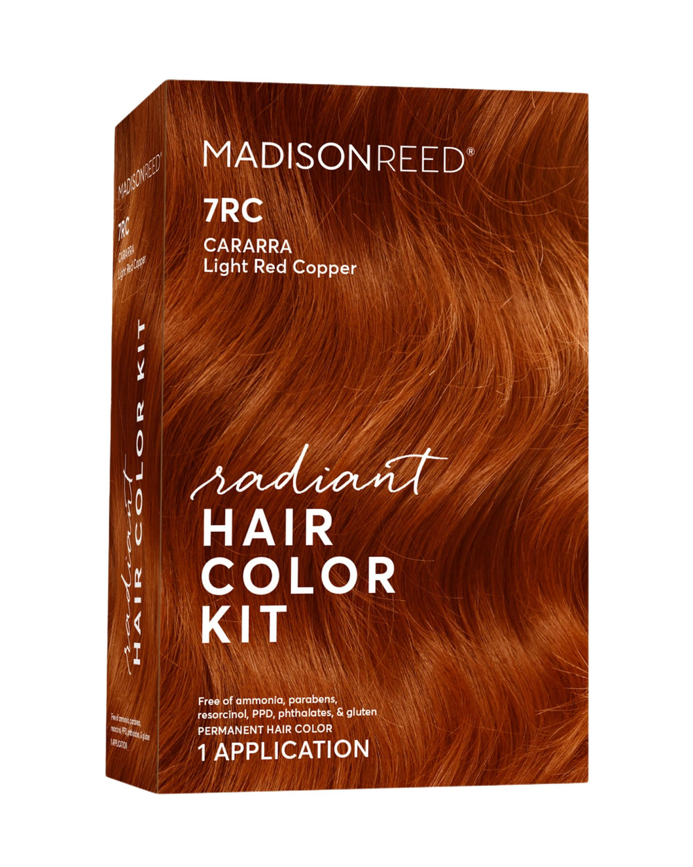 Madison Reed Radiant Color Kit 7RC Light Ginger Red swatch showing vibrant shade.