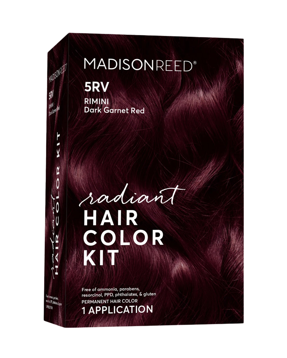 Madison Reed Radiant Color Kit packaging close-up for vibrant 5RV Garnet shade.