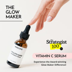 MAELOVE Glow Maker ingredients close-up highlights vitamin C, E, and ferulic acid benefits.
