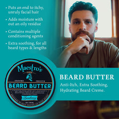 Maestro's Classic Beard Butter's hydrating creme provides skin and hair moisture benefits.