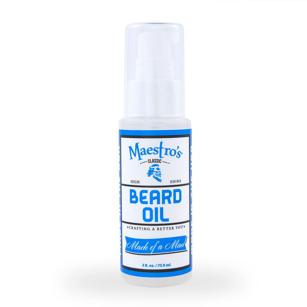 Maestro's Classic Mark of a Man Beard Oil bottle pour for high shine grooming