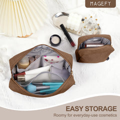 Magefy makeup bag in hand shows travel-friendly compact size
