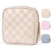MAGEFY small checkered makeup bag keeps purse essentials organized.