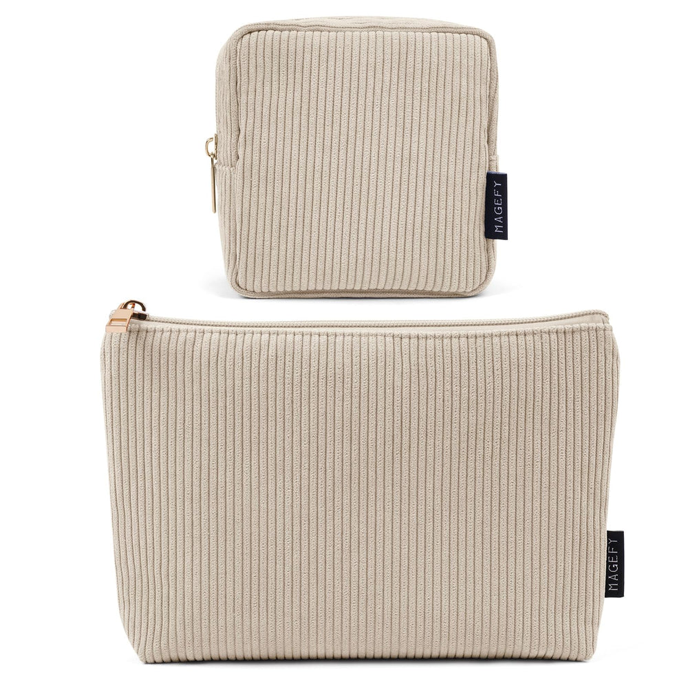 magefy small makeup bag beige corduroy side view ideal for purse touch-ups