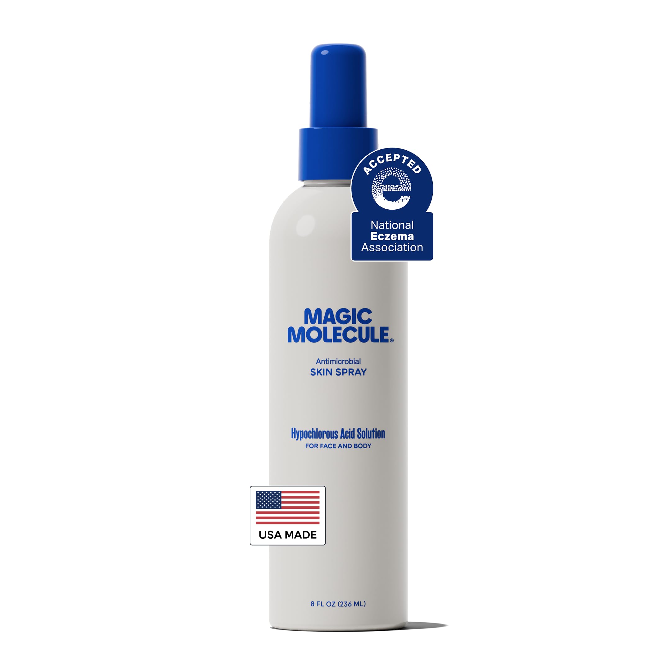 Magic Molecule Hypochlorous Acid Spray bottle front view for daily use on sensitive skin.