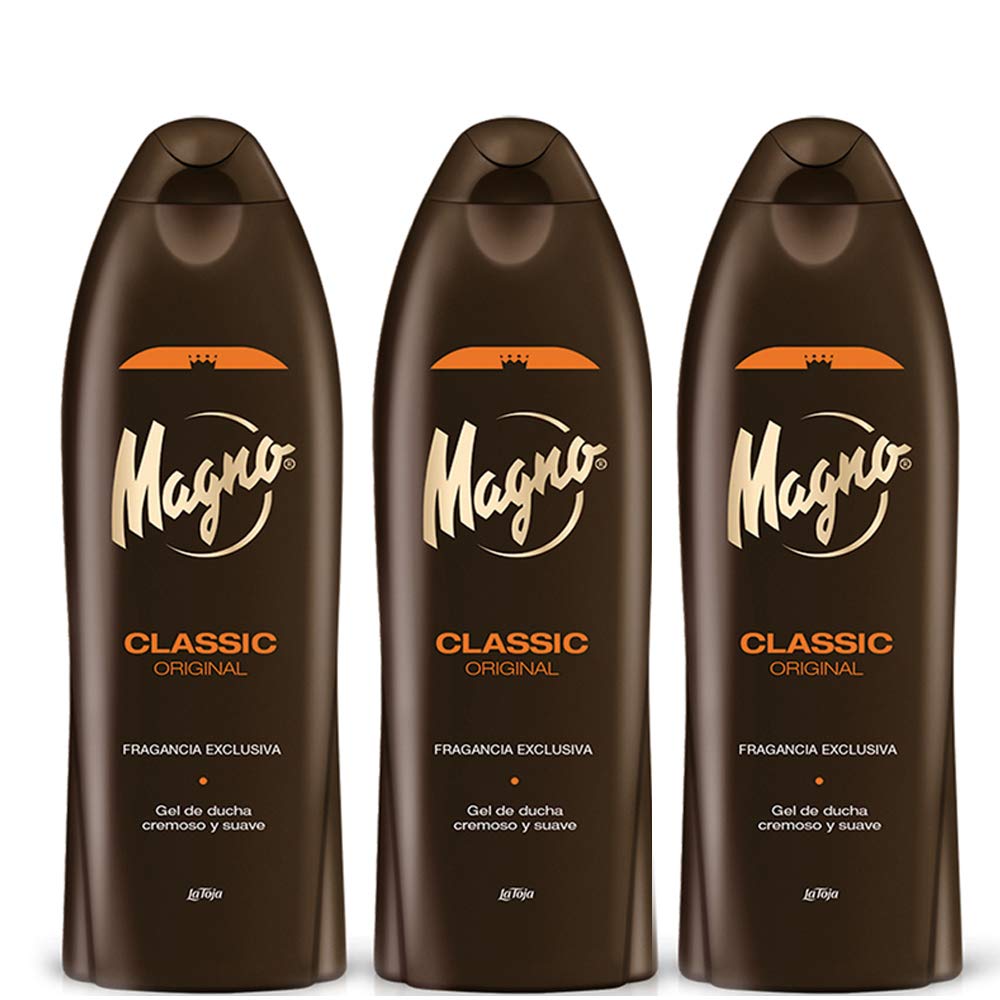 Magno shower gel 3-pack bottles—creamy black formula with lanolin moisturizes skin