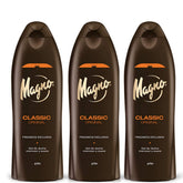 Magno shower gel 3-pack bottles—creamy black formula with lanolin moisturizes skin