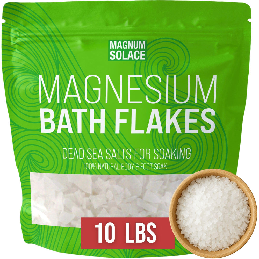 Magnum Solace magnesium flakes for bath illustrate relaxation benefits during soaking.