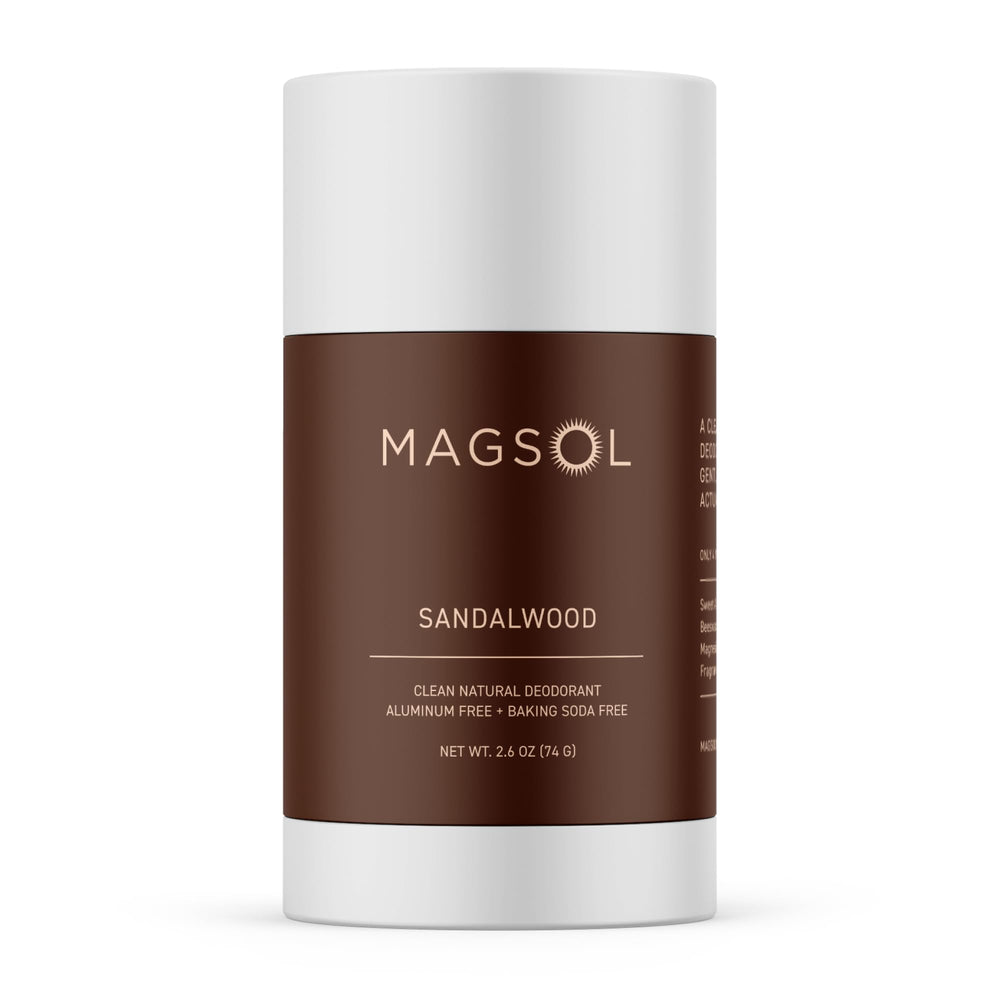 MagSol Magnesium Deodorant sandalwood jar offers long-lasting odor protection with a woodsy scent.