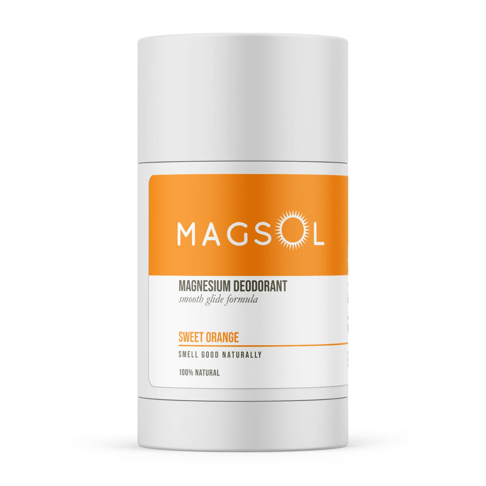 MagSol Organics magnesium deodorant bottle showing aluminum-free formula for sensitive skin and odor protection.