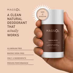 MagSol sandalwood deodorant pack back shows long-lasting, baking-soda-free protection