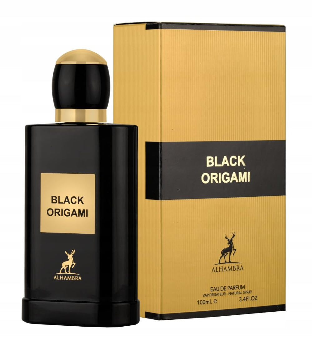 Maison Alhambra Black Origami bottle highlights the luxurious fragrance, ideal for evening events