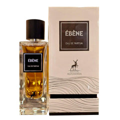 Maison Alhambra Ébène bottle image highlights warm base with vanilla, amber, musk for lasting warmth.