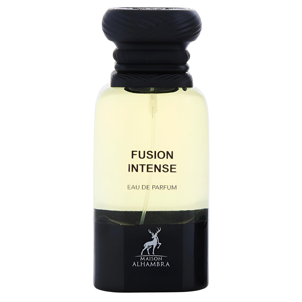 Maison Alhambra Fusion Intense bottle pouring reveals lasting aroma for daily wear.