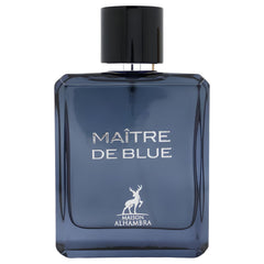 Maison Alhambra Maitre De Blue bottle close-up for daily wear with a fresh masculine scent.
