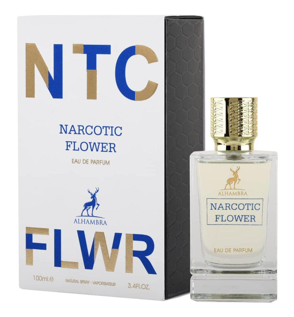 Maison Alhambra Narcotic Flwr bottle showcases a luxurious floral profile suitable for evening wear.