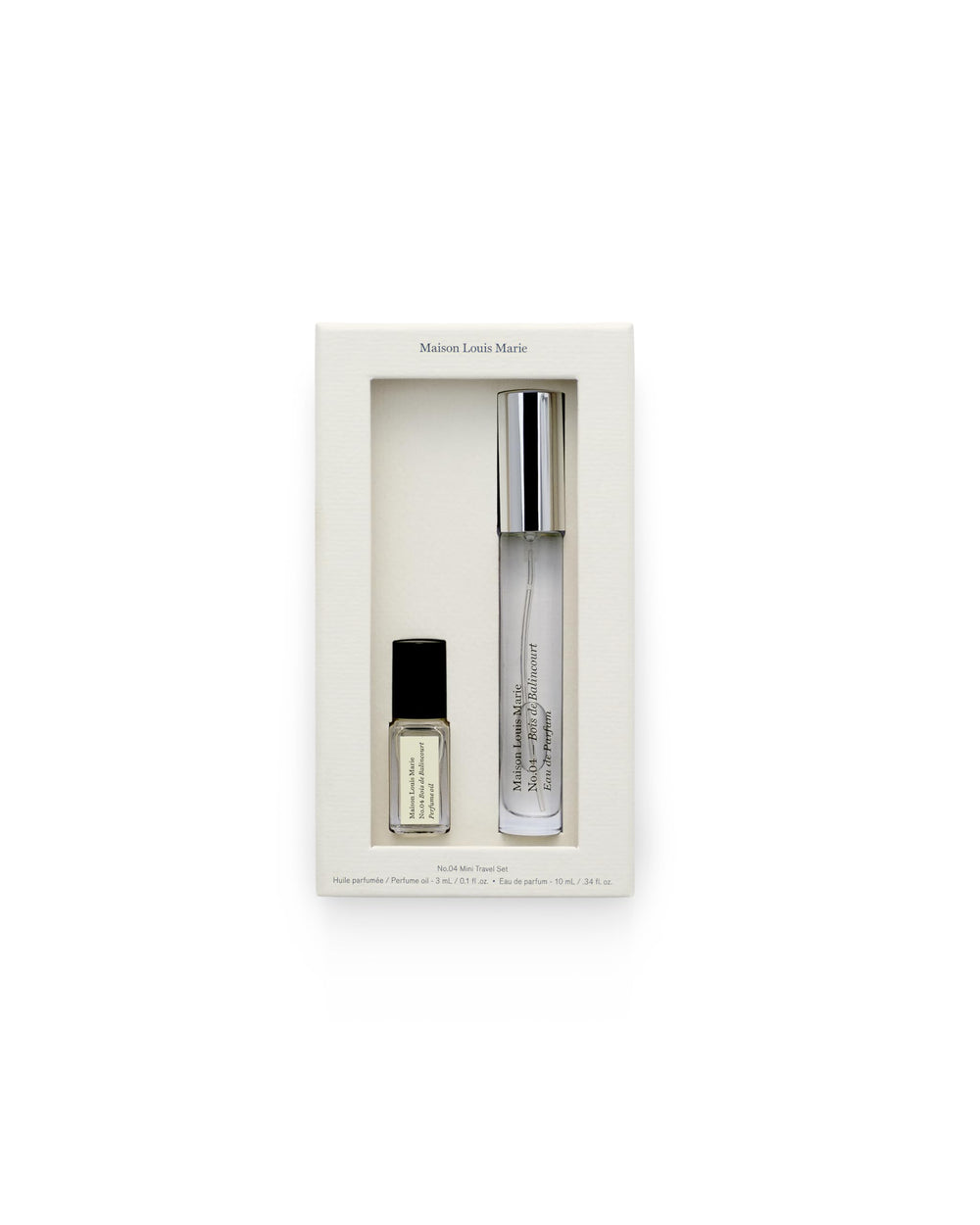 Maison Louis Marie No.04 Bois De Balincourt travel set packaging, compact and travel-ready