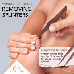 Majestic Bombay fine-point tweezers with sharp tips for precise grooming tasks.