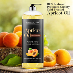 Majestic Pure Apricot Oil bottle label closeup highlighting pure formula